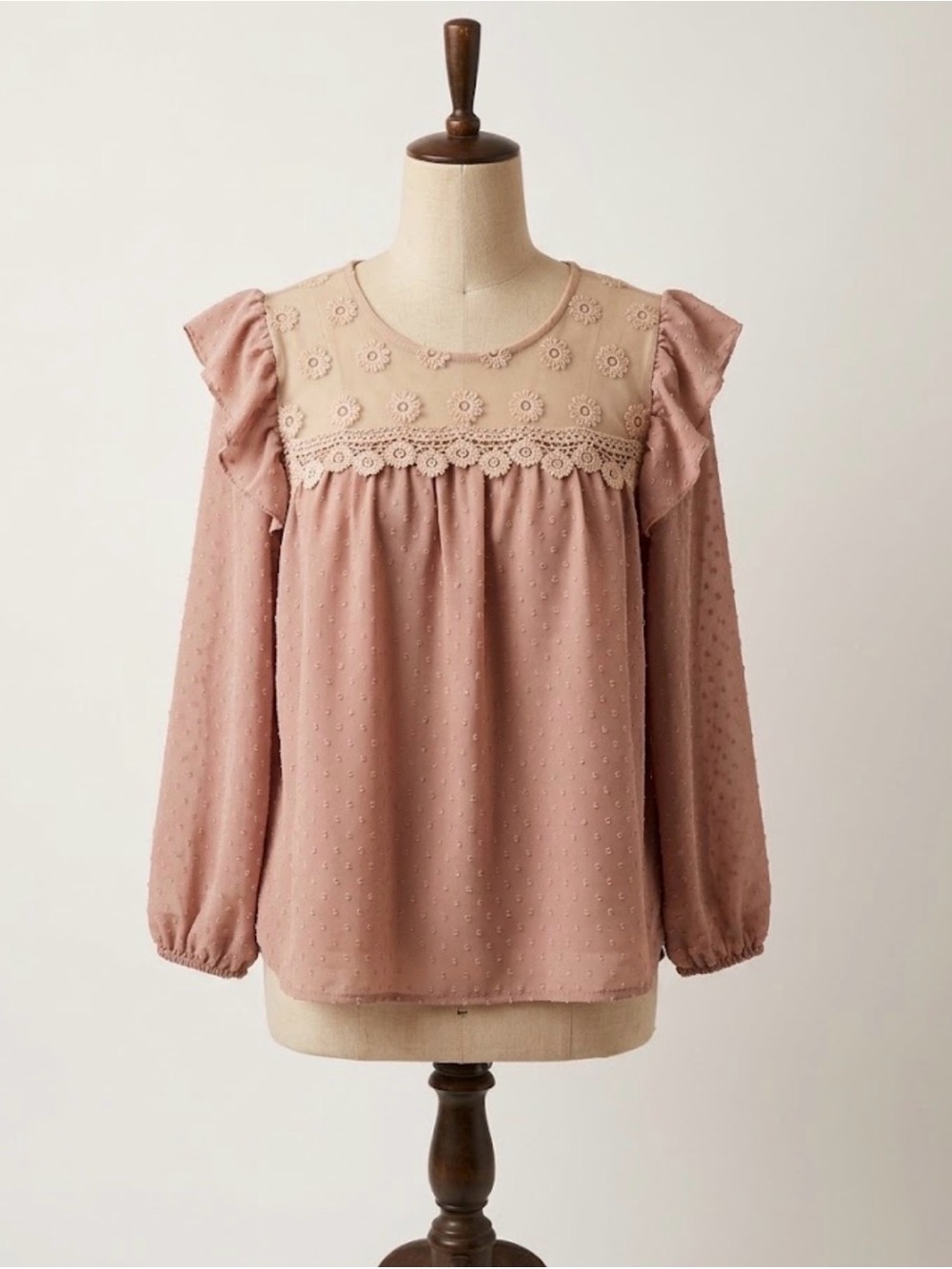 Polagram Pink Swiss Dot Sheer Floral Lace Ruffle Top Shirt Cottagecore Boho M